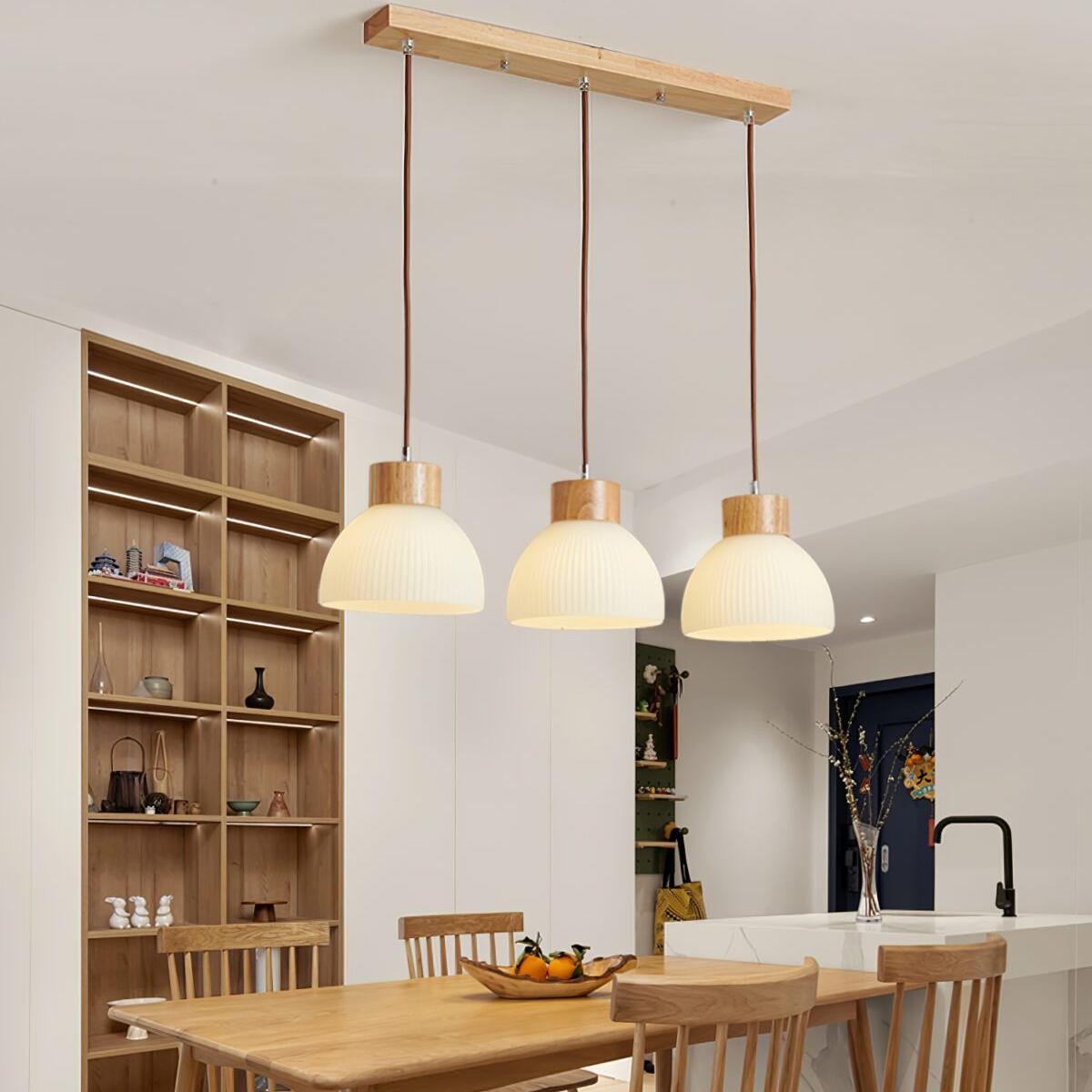 Tyrionth Wood Base 3 Light White Ribbed Glass Shade Pendant Light