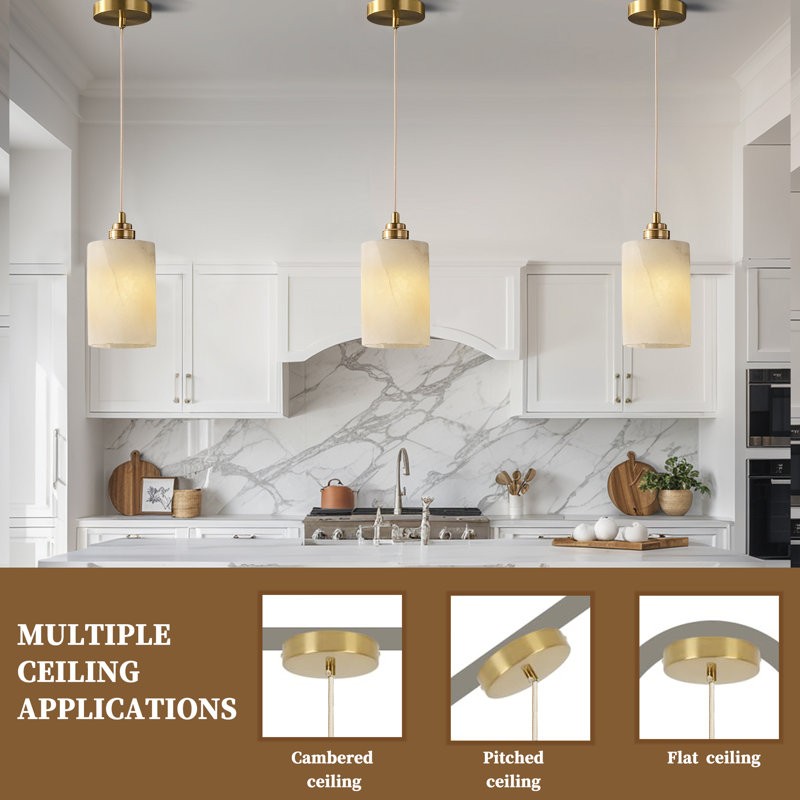 Beverlee Modern Brass Cylinder Alabaster Pendant Light