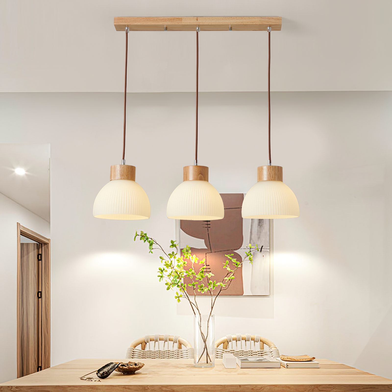 Tyrionth Wood Base 3 Light White Ribbed Glass Shade Pendant Light