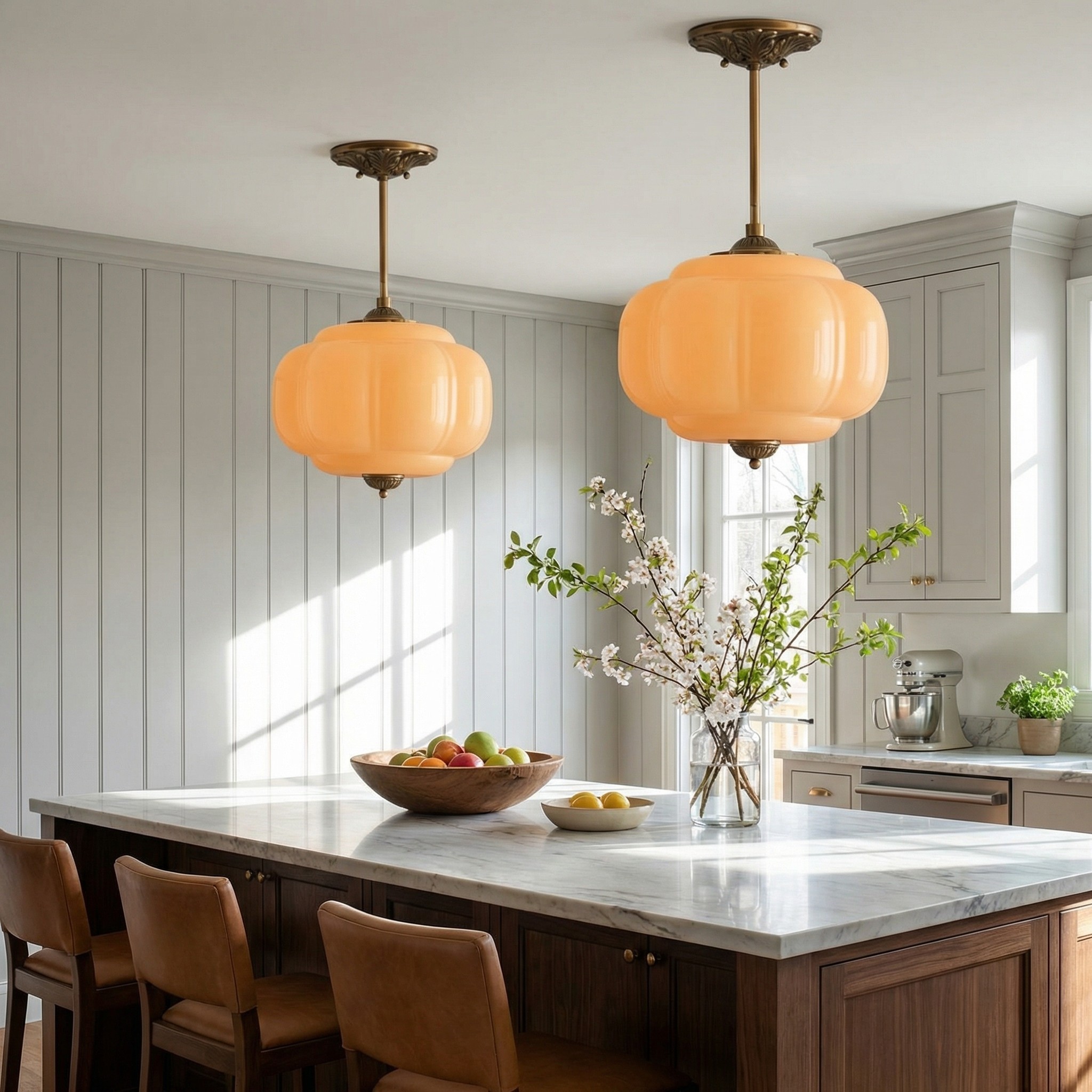 Vortan Antique Brass Green Glass Semi-Flush Mount Eloise Pendant Lamp