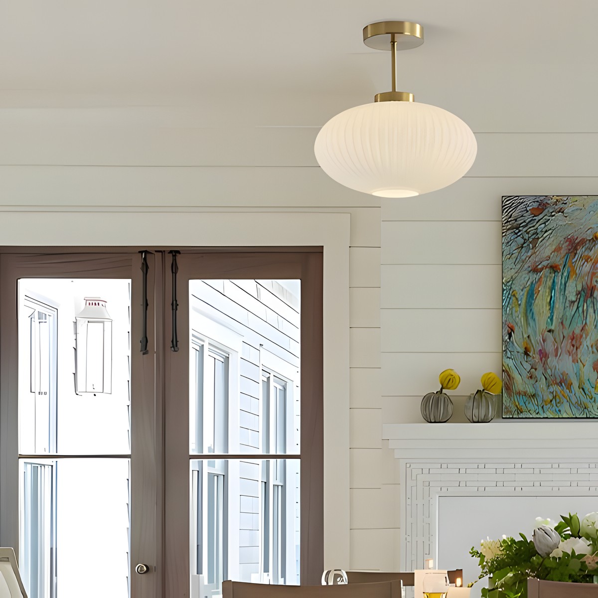 Jorik Natural Green Ribbed Glass Oval Ceiling Light