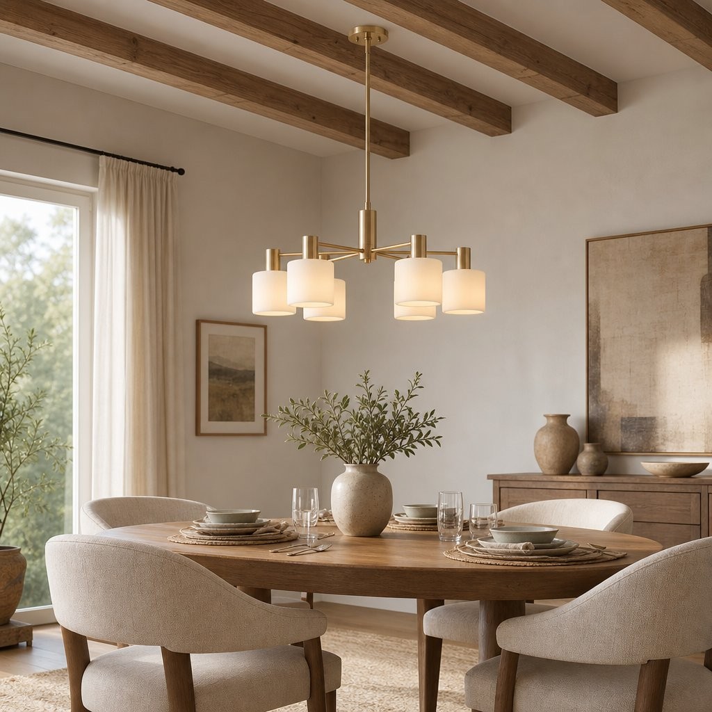 Aura Mid-Century Brass Porcelain Cylinder Chandelier