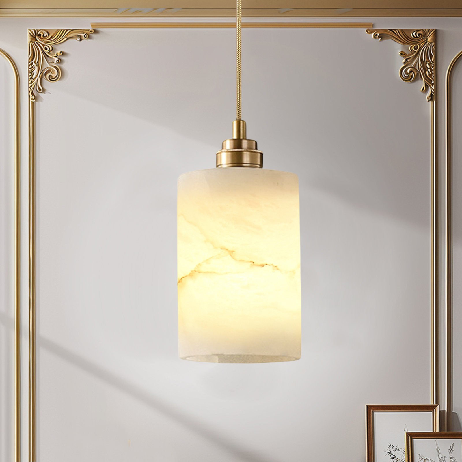 Beverlee Modern Brass Cylinder Alabaster Pendant Light