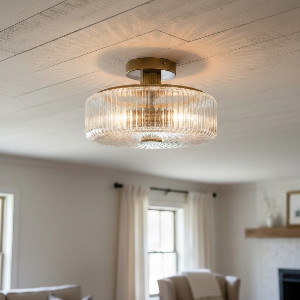 Willa Rustic Round Ribbed Glass Ceiling Light