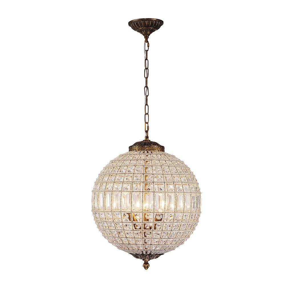 Dion Luxury French Antique Brass Crystal Globe Chandelier
