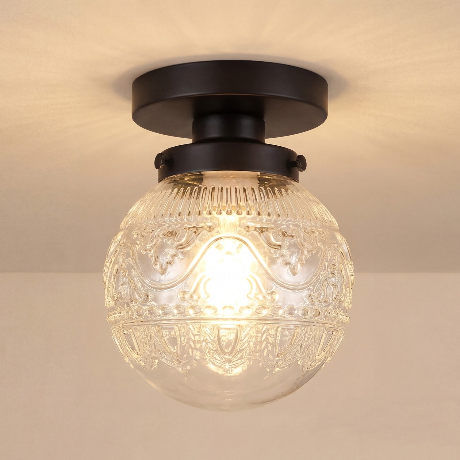 Ixionis Vintage Engraved Pattern Globe Glass Flush Mount Ceiling Light