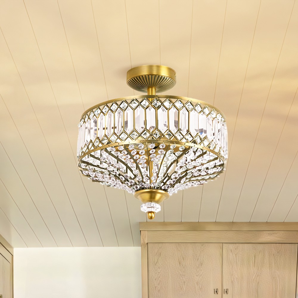 Parnika Luxury Carved Crystal Drum Semi Flush Chandelier