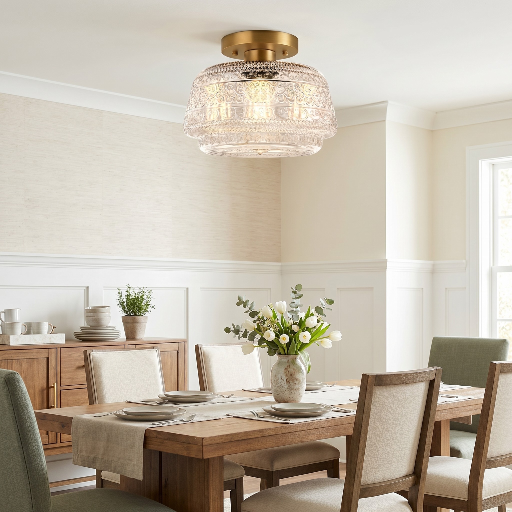 Ixionis Farmhouse Patterned Glass Semi Flush Mount Ceiling Light