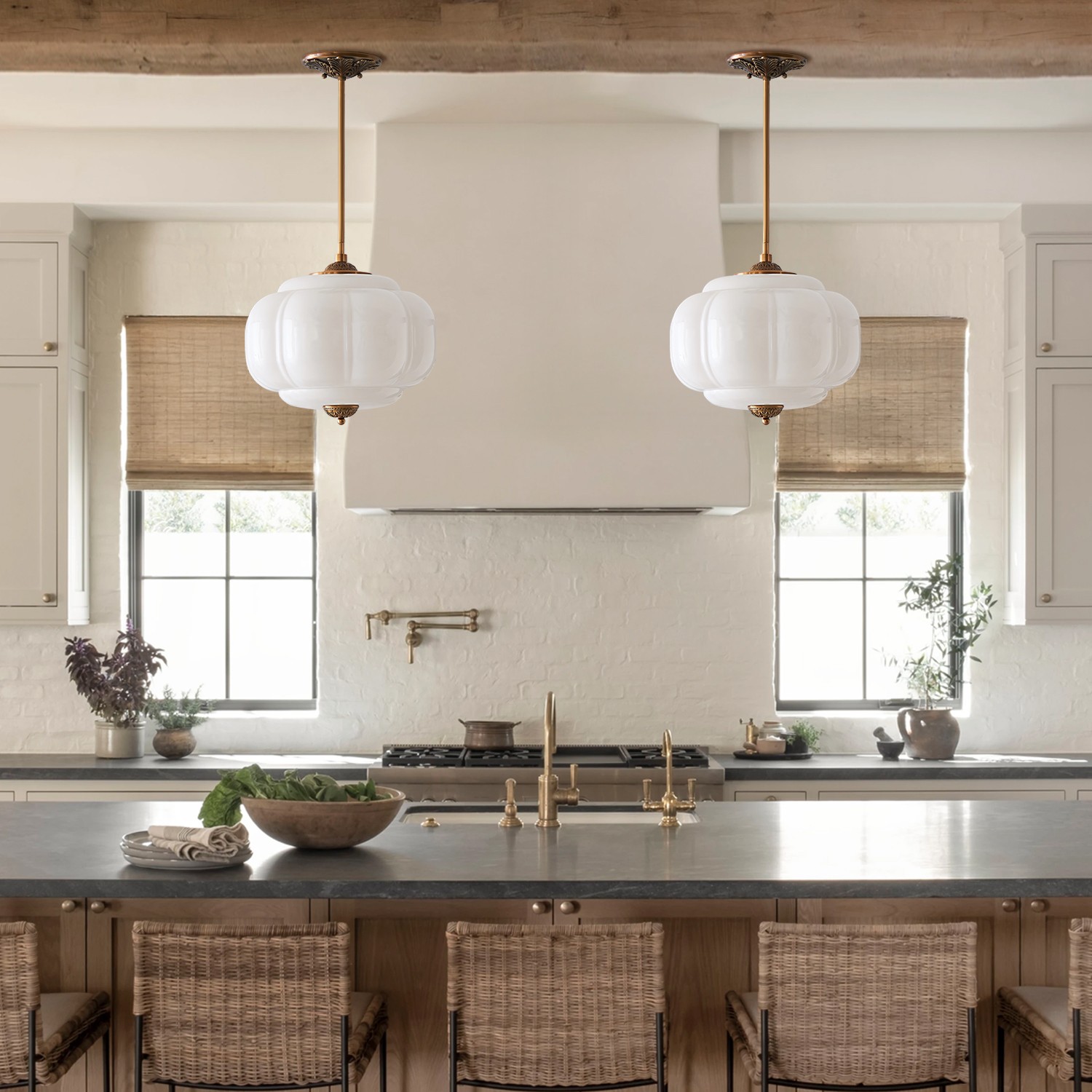 Elegant Eloise Scallop Milk Glass Semi-Flush Mount Ceiling Light - Vintage Brass Frame and Pumpkin Shape