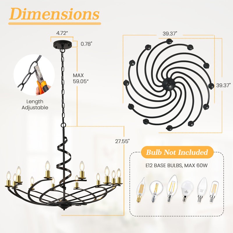 Clara Modern Matte Black Metal Spiral Chandelier