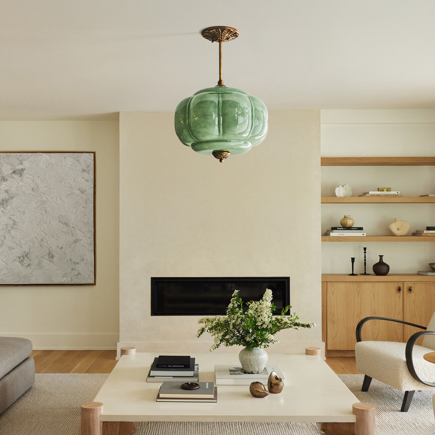 Elegant Eloise Scallop Milk Glass Semi-Flush Mount Ceiling Light - Vintage Brass Frame and Pumpkin Shape