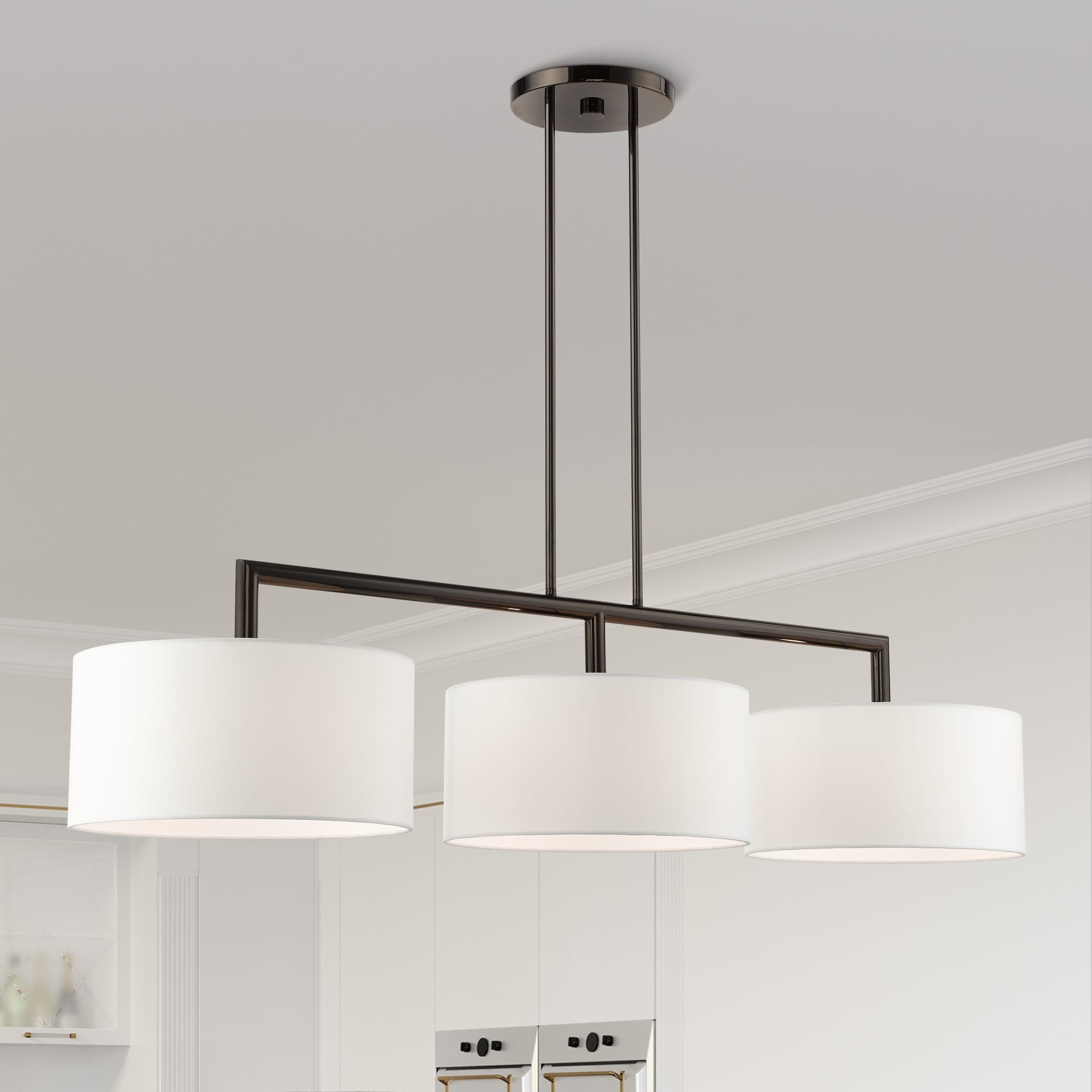 Glythar Black 3 Light White Fibric Drum Shades Linear Chandelier