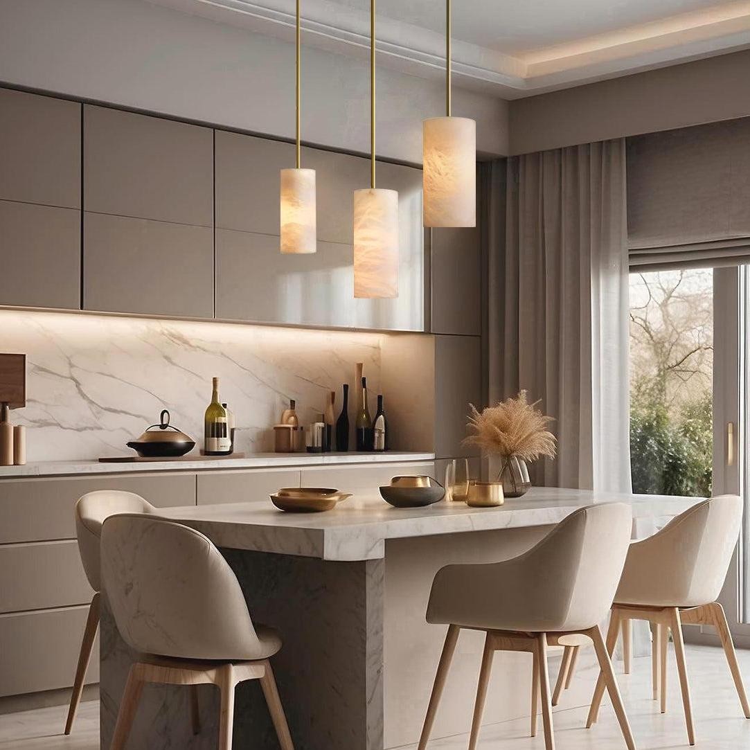 Modern Hand Carved Alabaster Cylinder Pendant Light