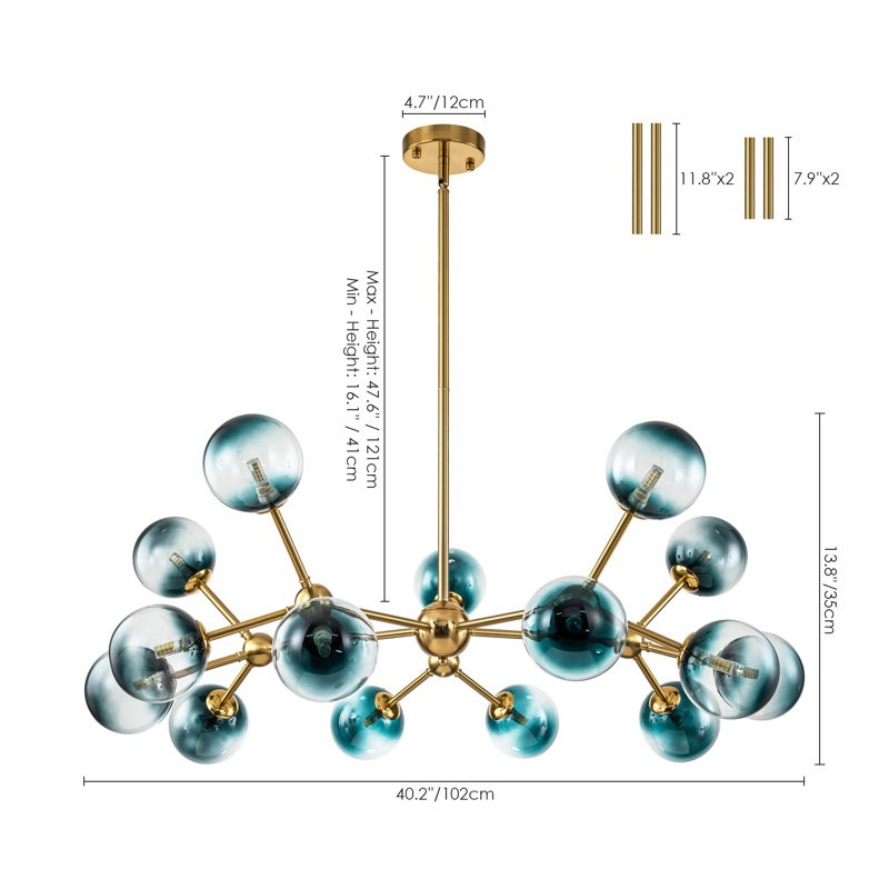 Taryn 15 Light Teal Colored Globe Glass Chandelier