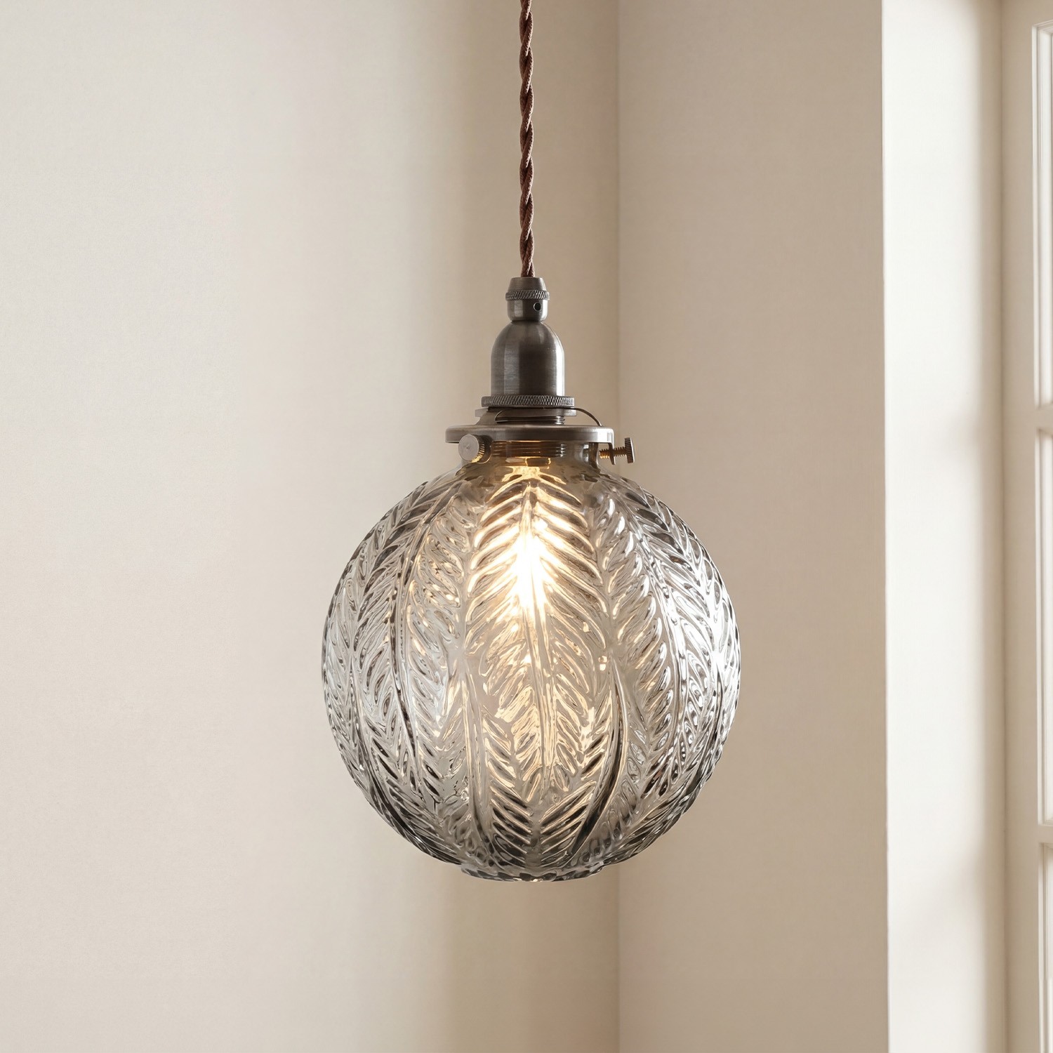 Logana Vintage Feather Texture Glass Globe Pendant Light