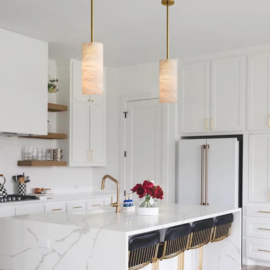 Modern Hand Carved Alabaster Cylinder Pendant Light