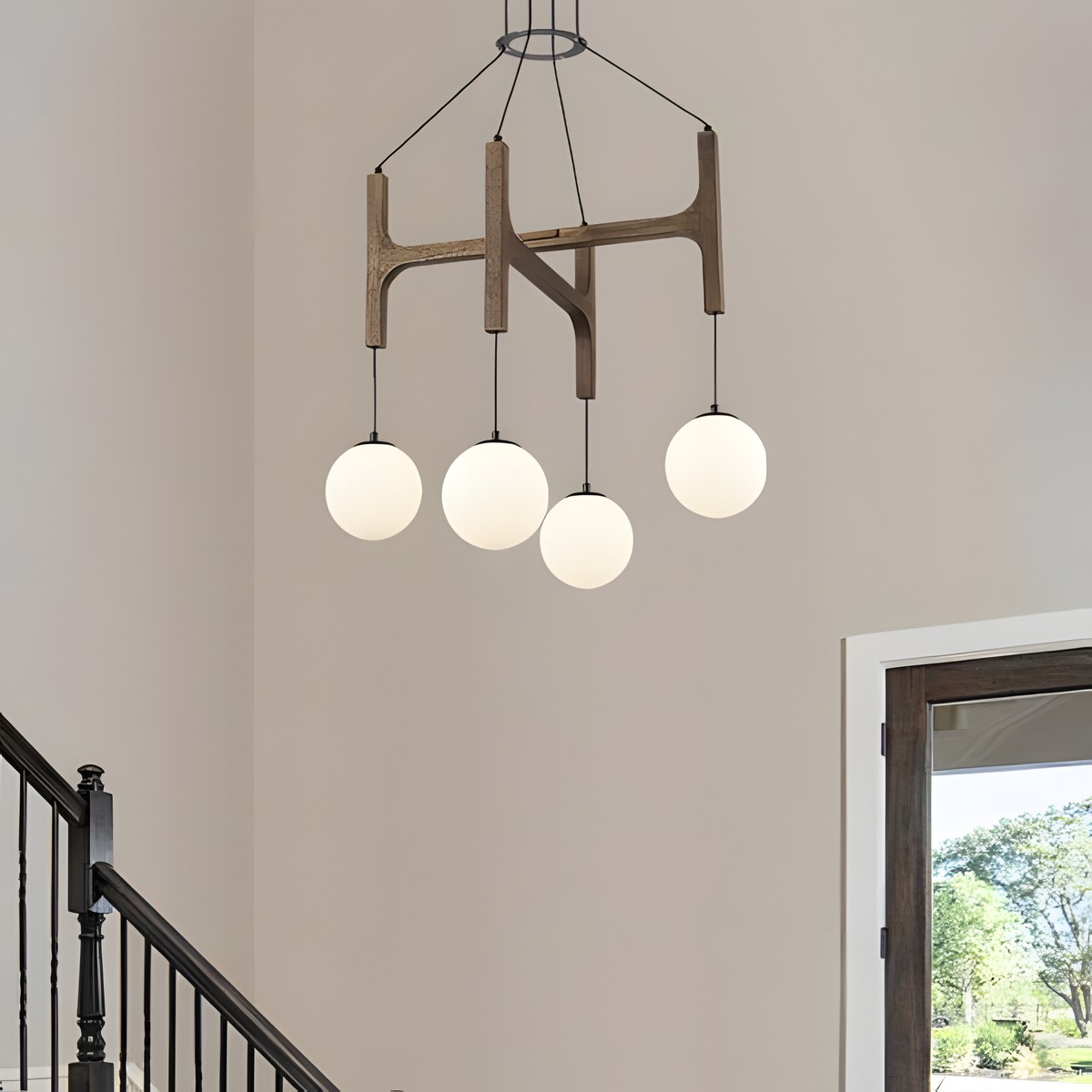 Astraea Farmhouse Wooden Branch Milk Glass Globe Chandelier