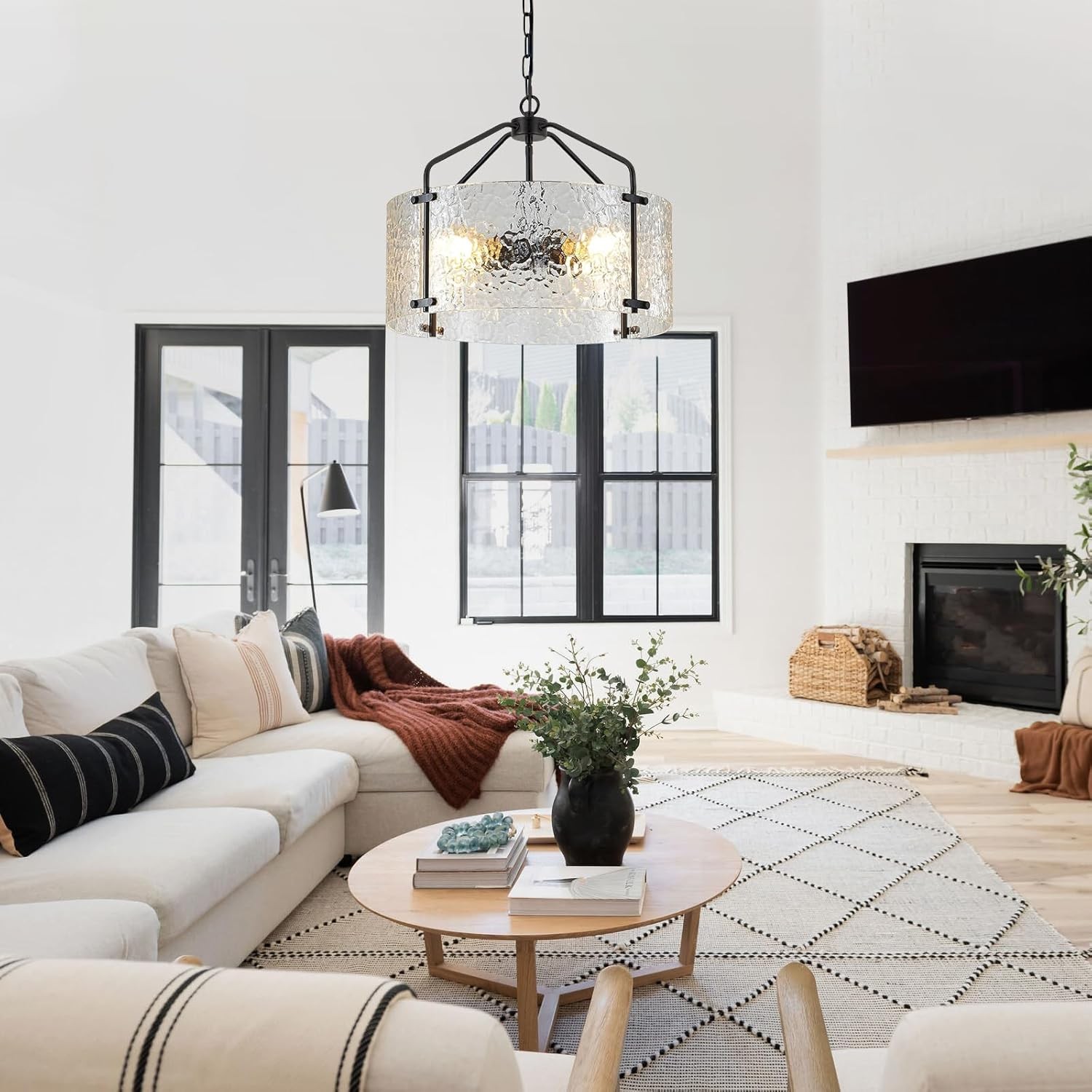 Elys Modern Water Corrugated Glass Drum Shade Pendant Light