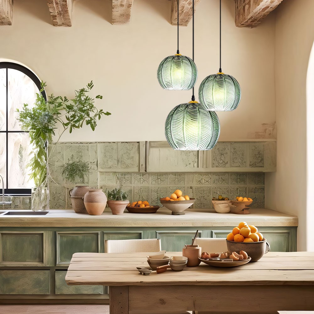 Yasmine Vintage Green Ribbed Glass Hanging Lamp