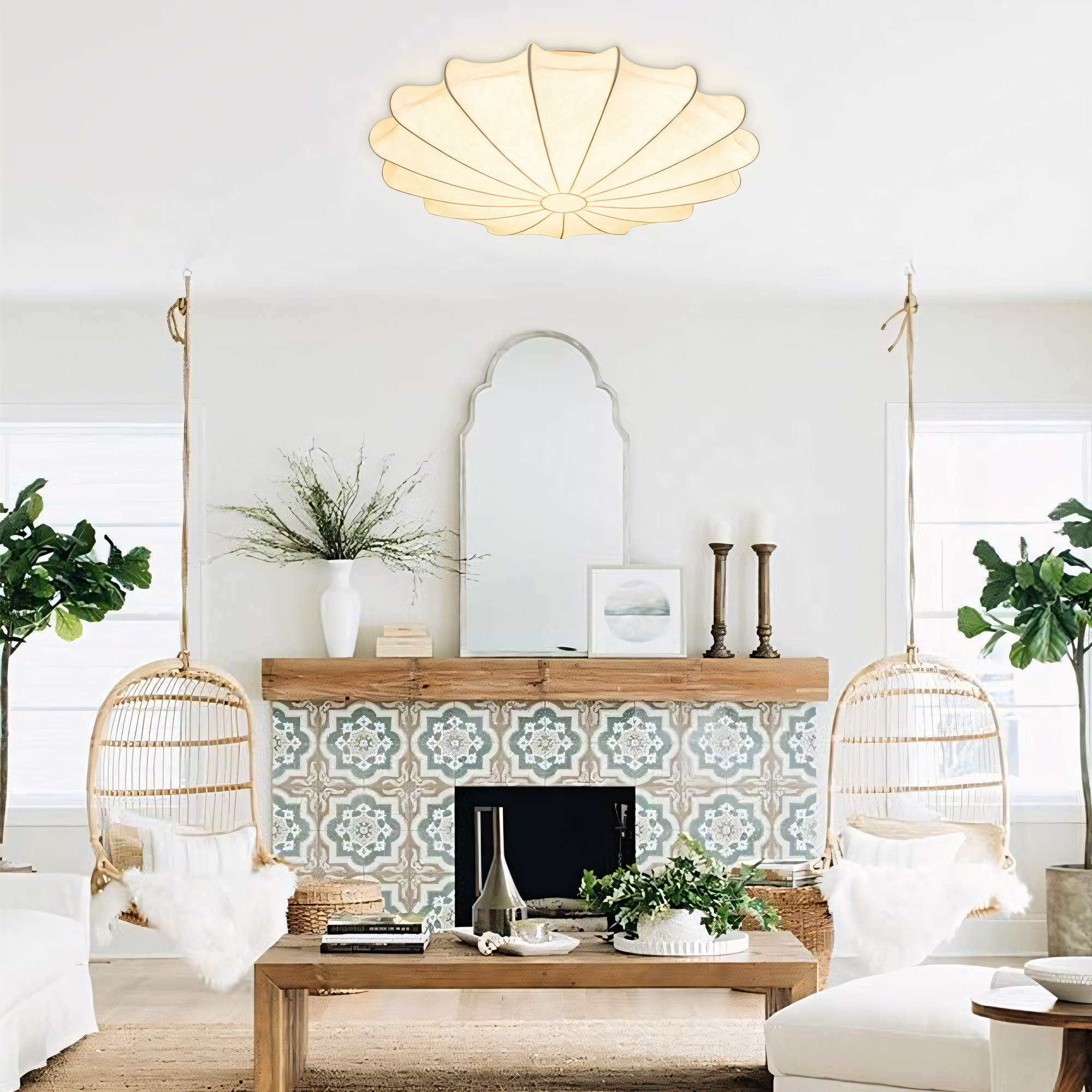 Savionne White Silk Seashell Flush Mount Light