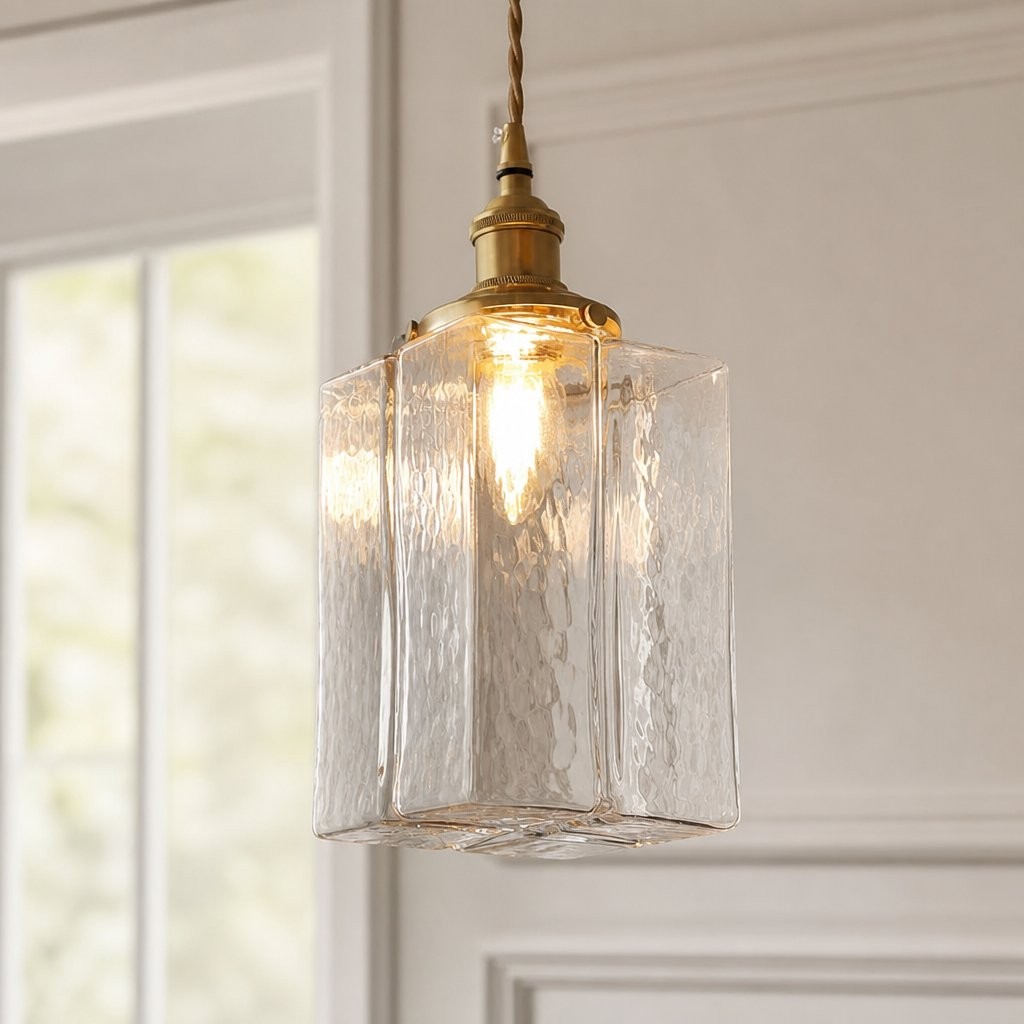 Faelthorin Farmhouse Brass Hammered Square Glass Pendant Lamp
