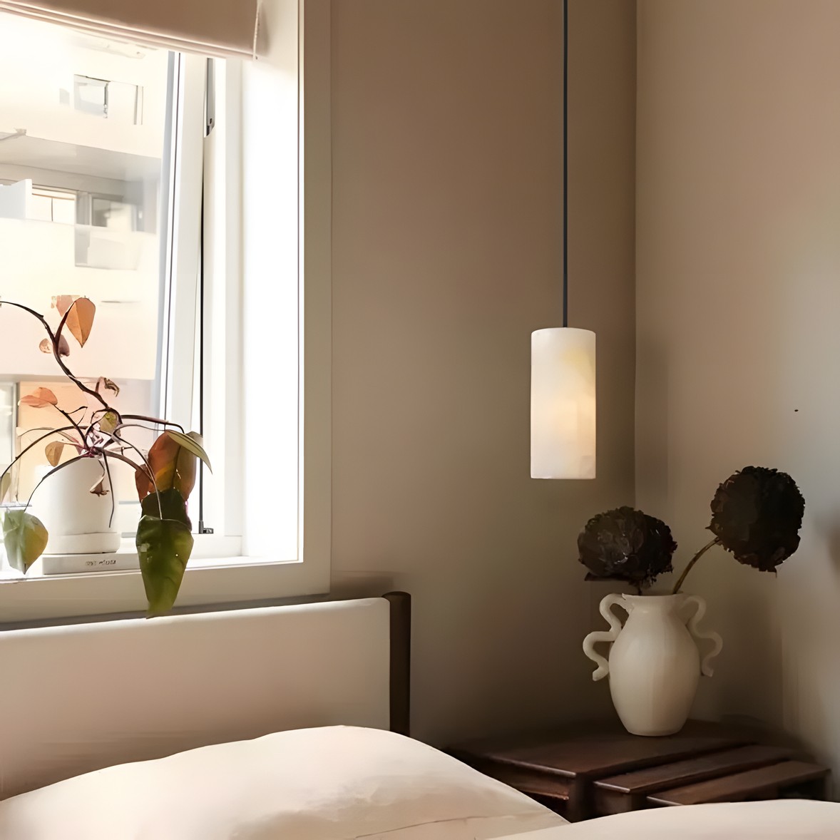 Modern Hand Carved Alabaster Cylinder Pendant Light